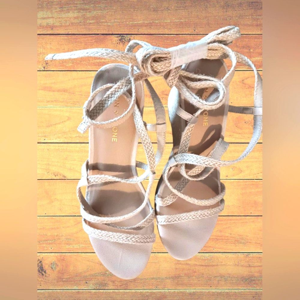 Sun +Stone Light Tan Braided Wedge Sandals